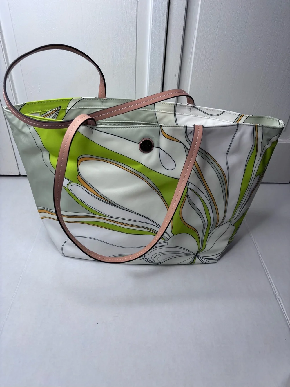 New TORY BURCH Floral Green Abstract Printed Nylon Zip Tote Bag